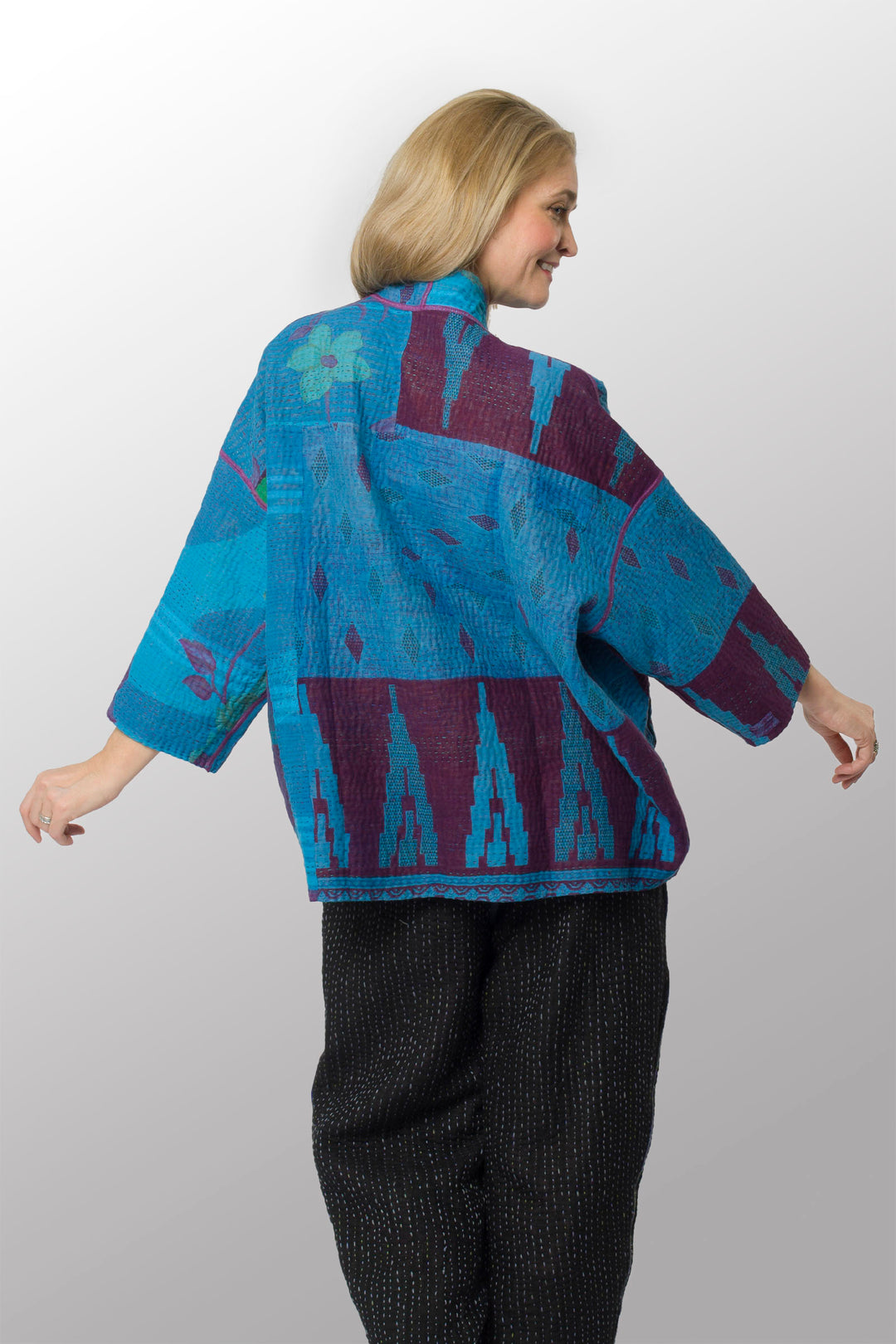 COTTON OVERDYE KANTHA MINI KIMONO JKT - ov4055-cblu002a -