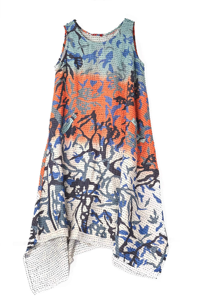 SUMMER BREEZE PRINT KANTHA POINTY HEM DRESS - sz2415-blu -