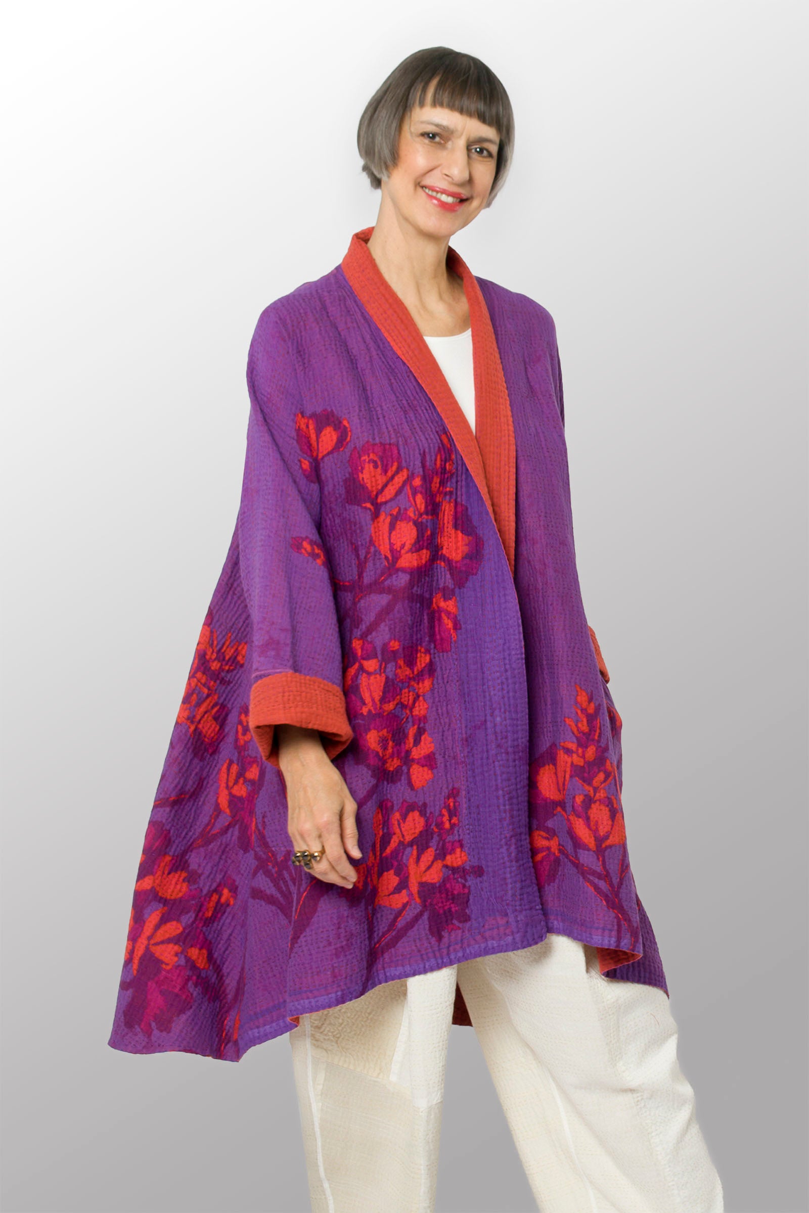 BLOOMING FLOWERS KANTHA KIMONO LONG JACKET - bf4005-prp - – Mieko