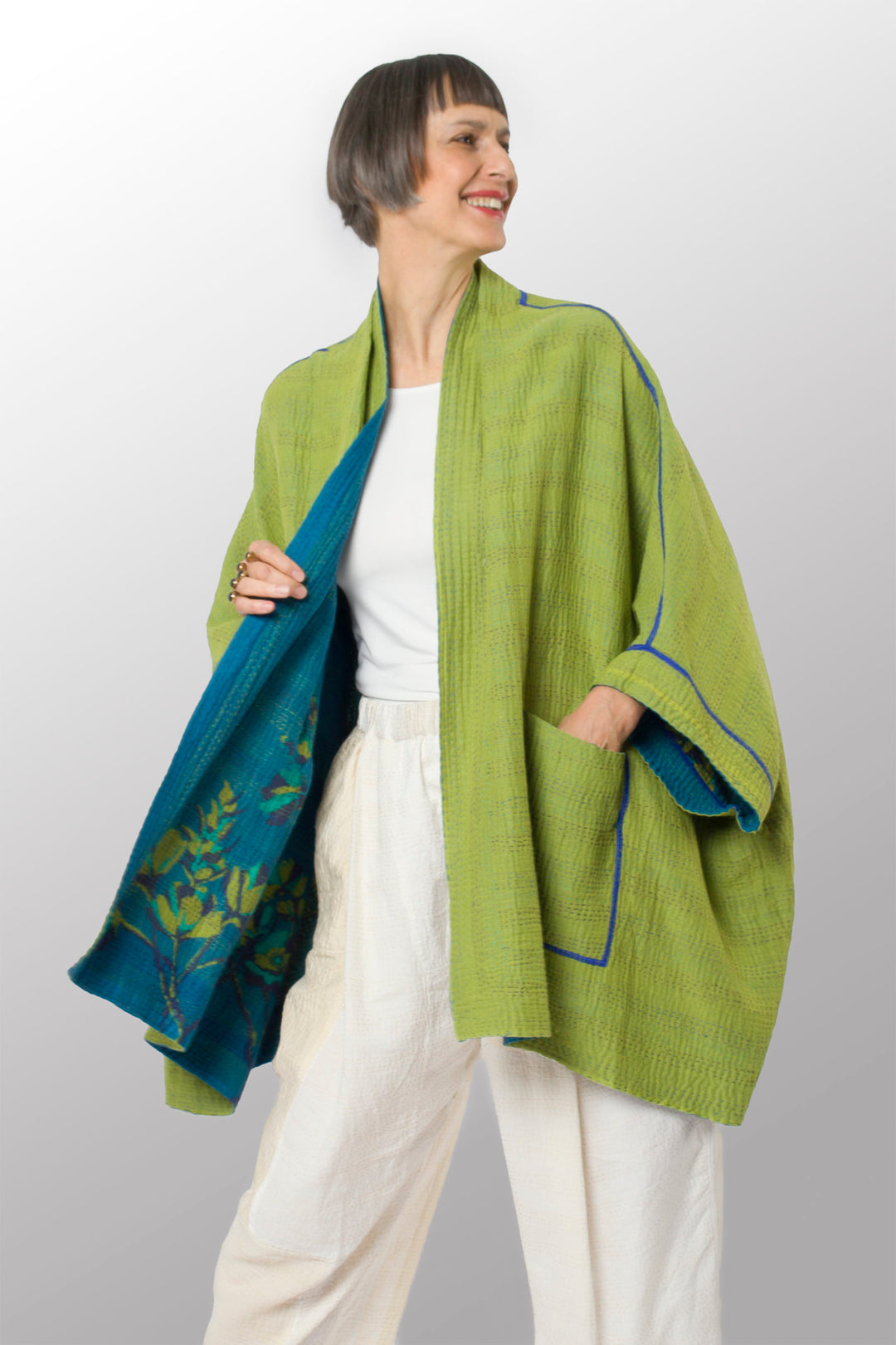 BLOOMING FLOWERS KANTHA DOUBLE COLLAR PONCHO - bf4323-blu -