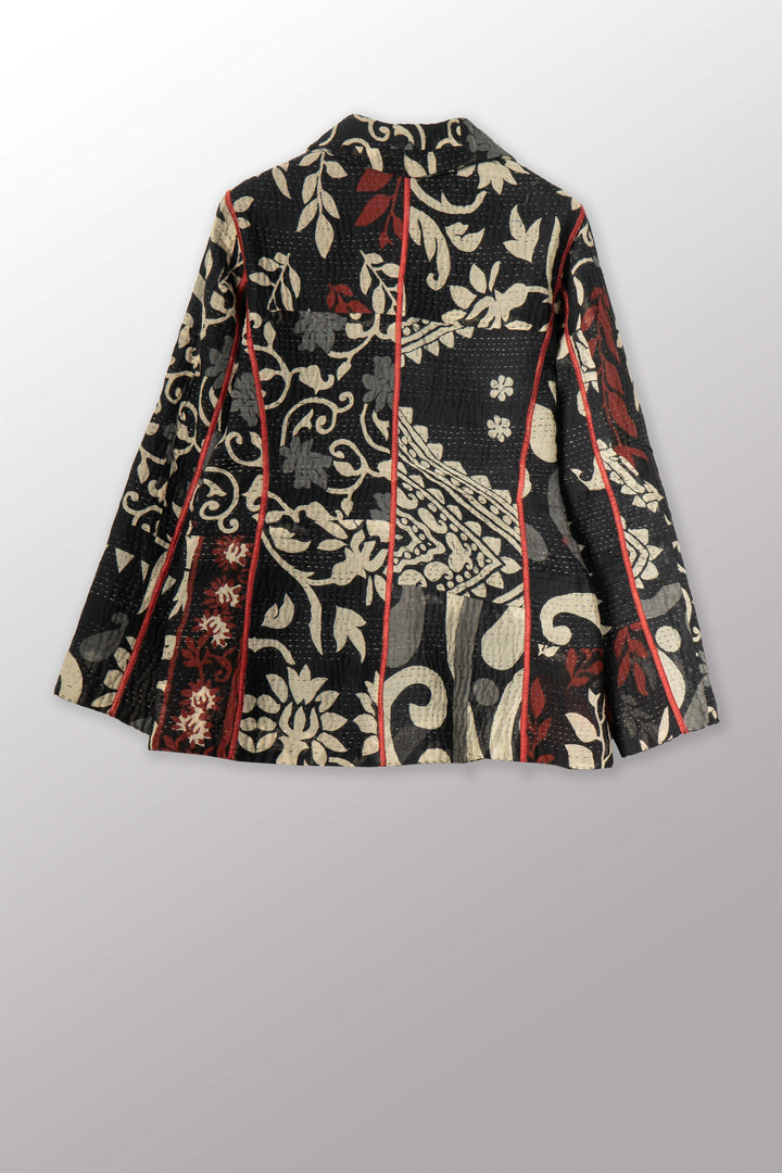 BLACK AND WHITE PRINT PATCH KANTHA BASIC JACKET - pn4052-red -