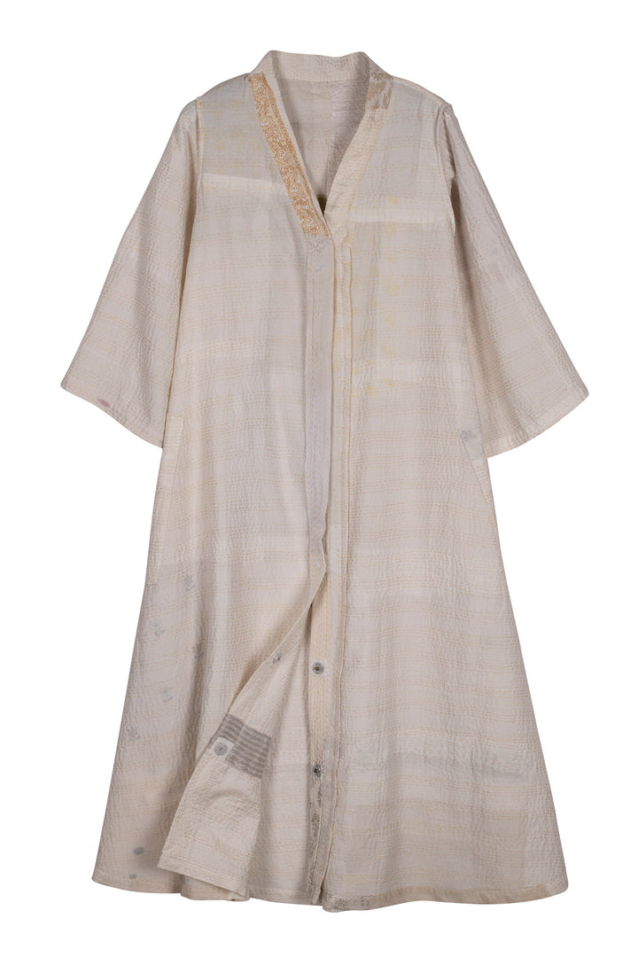 FRAYED PATCH KANTHA V-NECK FLARE SLEEVE DRESS - fi2445-ivy -