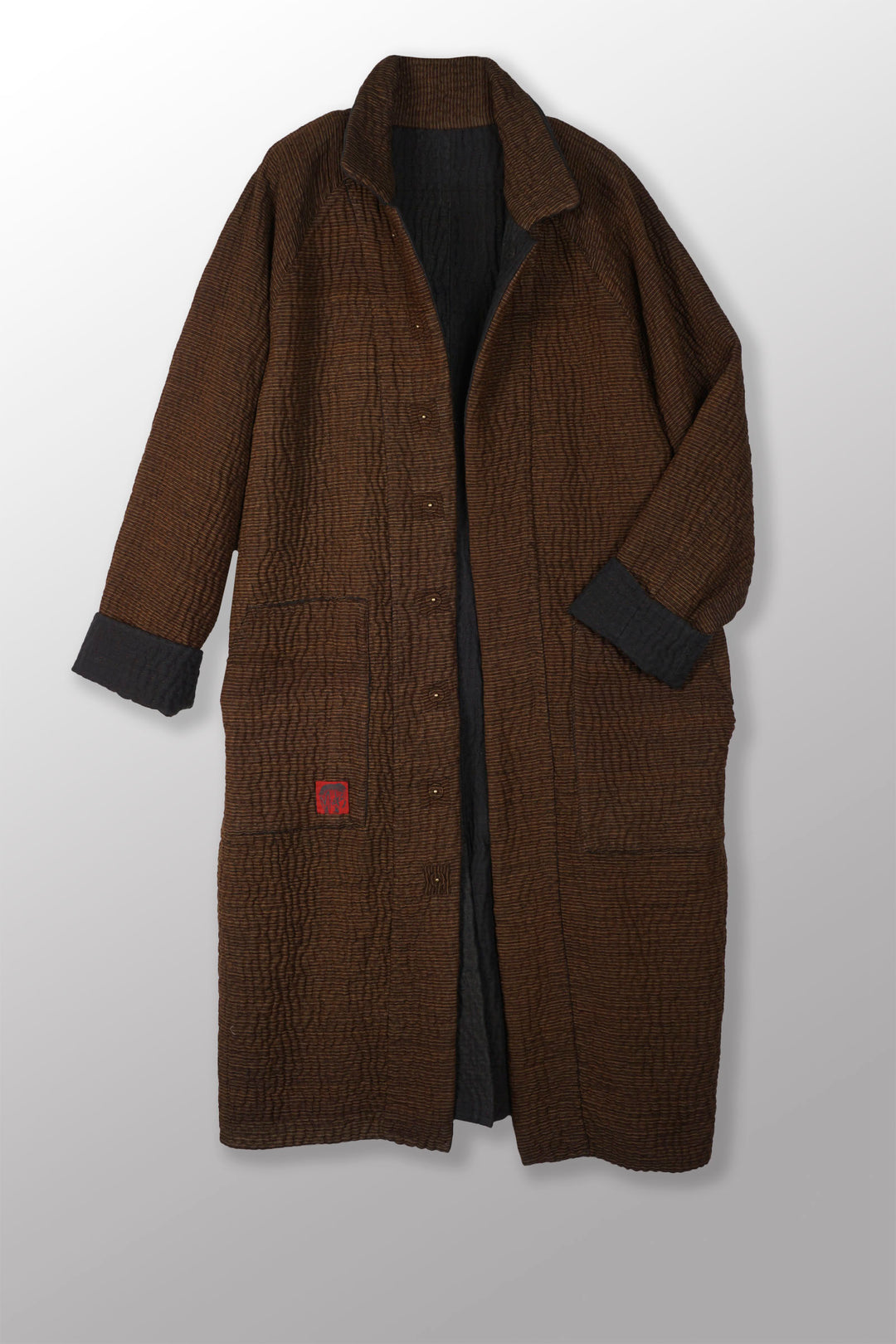 QUILTED VINTAGE COTTON WITH FLANNEL KANTHA RAGLAN SLEEVE COAT - fq5337-blk -