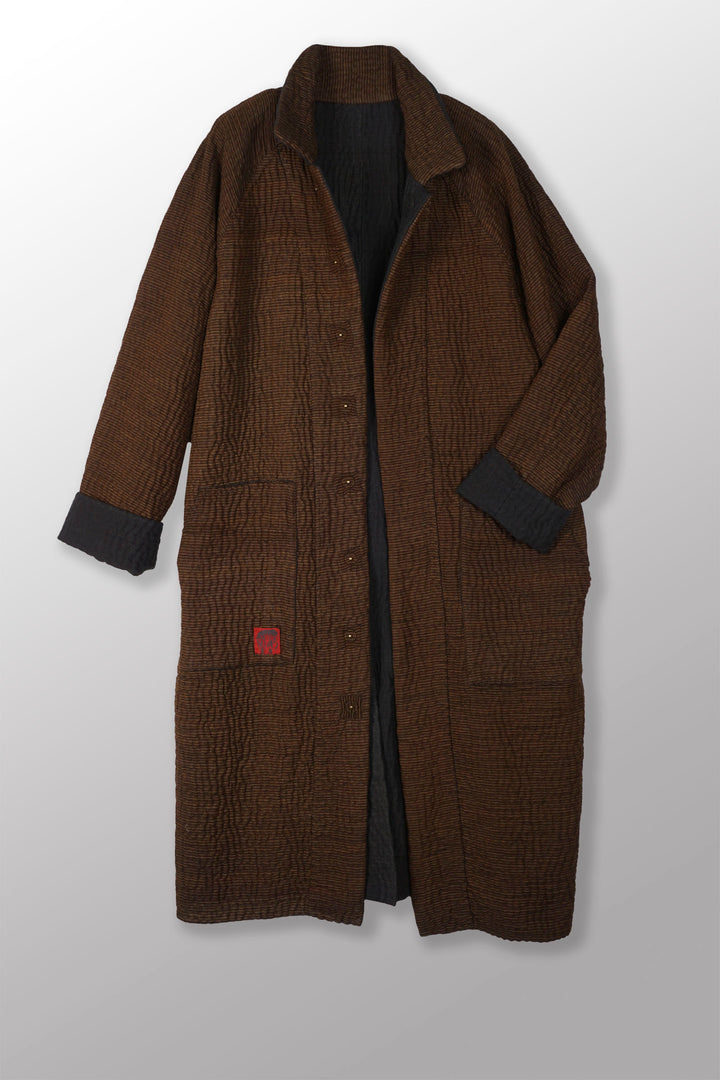 QUILTED VINTAGE COTTON WITH FLANNEL KANTHA RAGLAN SLEEVE COAT - fq5337-blk -