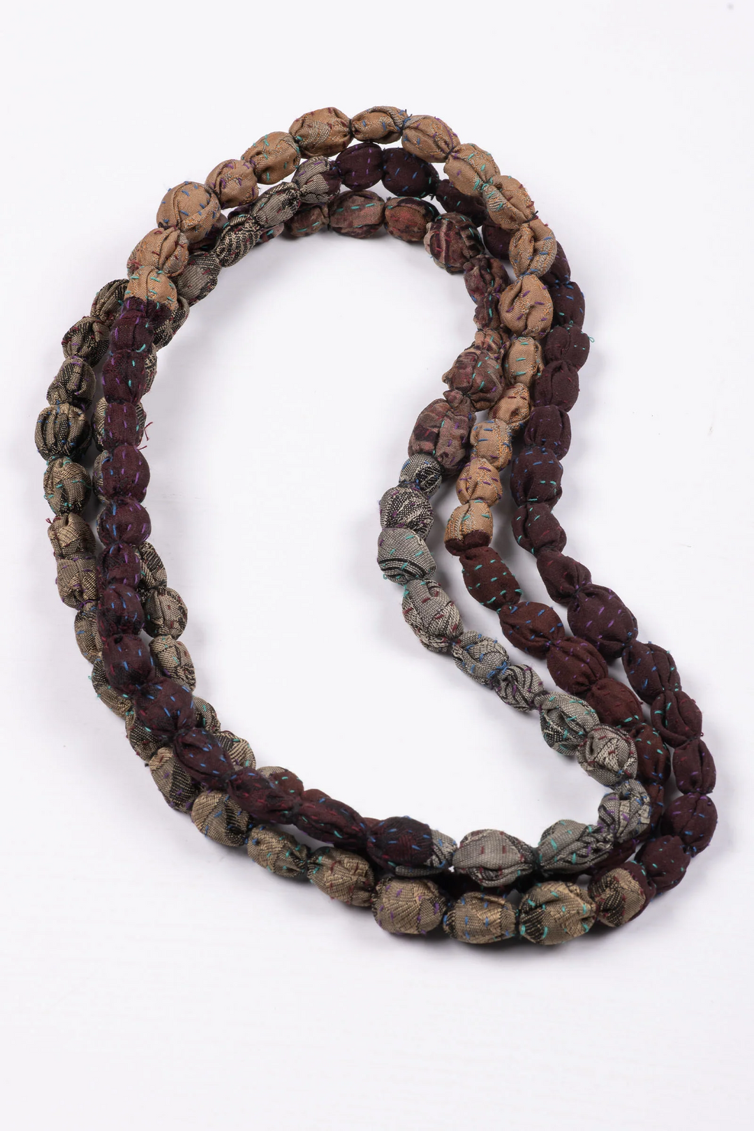 GEORGETTE JACQUARD VINTAGE SILK KANTHA TIE-BEADS LONG NECKLACE - gj2707-bgr -