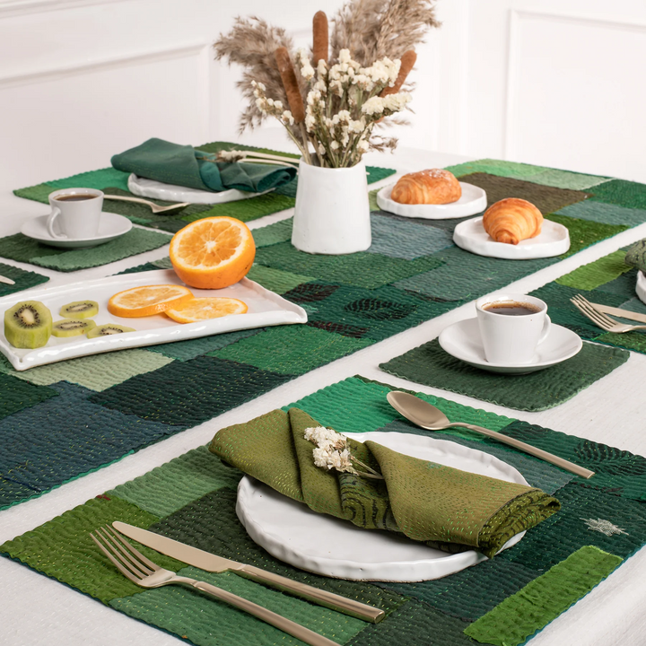 Landscape Fray Handmade Vintage Kantha Placemat -Lime Green (SET OF 2)