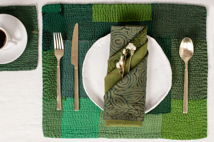 Landscape Fray Handmade Vintage Kantha Placemat -Lime Green (SET OF 2)