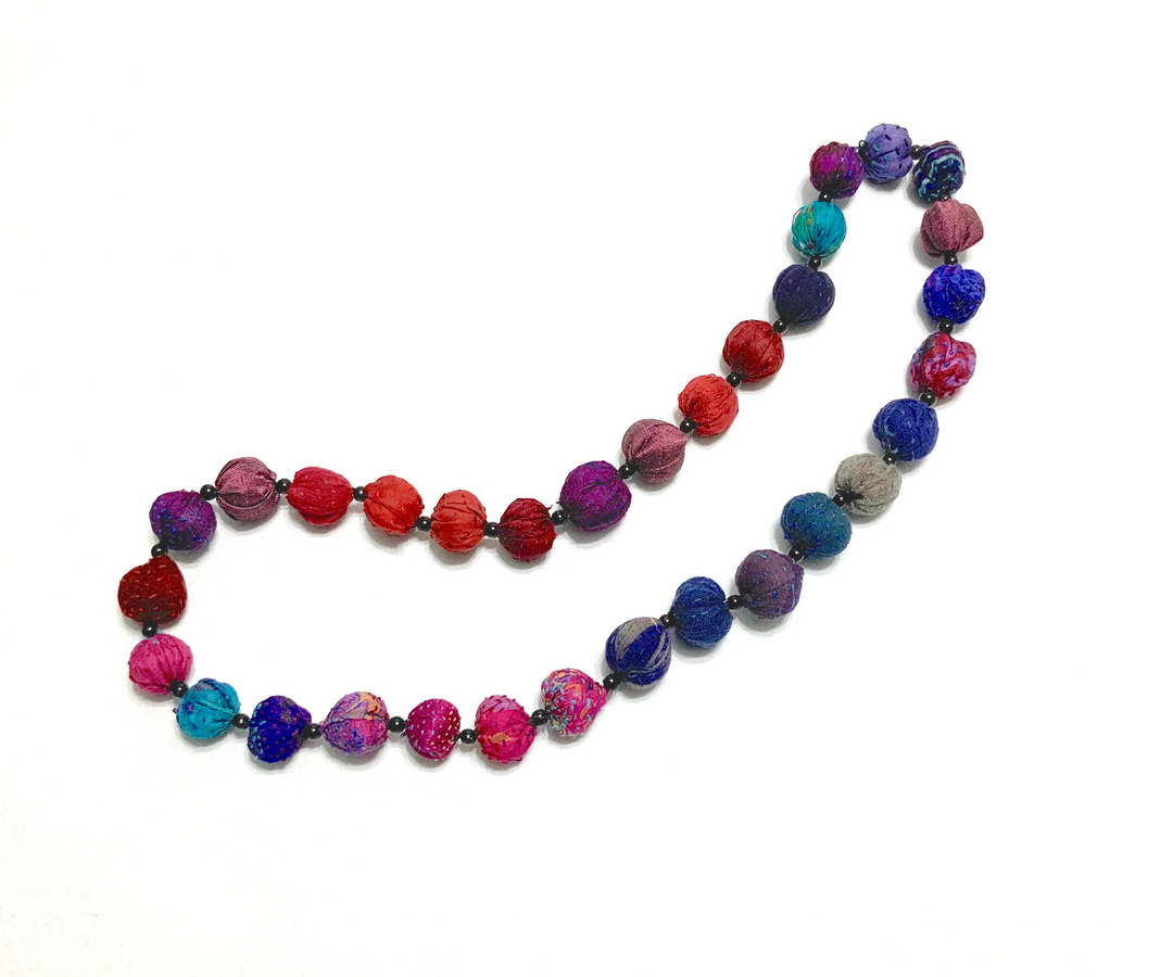 VINTAGE SILK KANTHA SMALL NUTS MEDIUM NECKLACE - sv2705-plm -