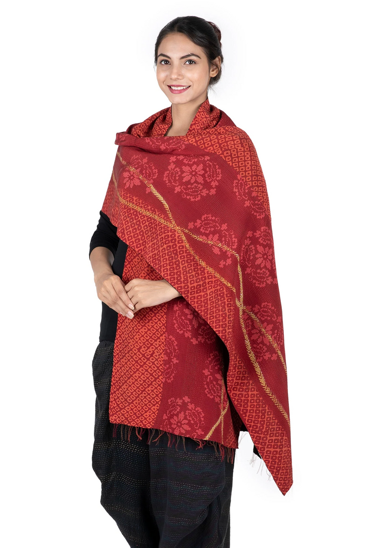 KIMONO PRINT KANTHA SCARF STANDARD - kp2801-red -