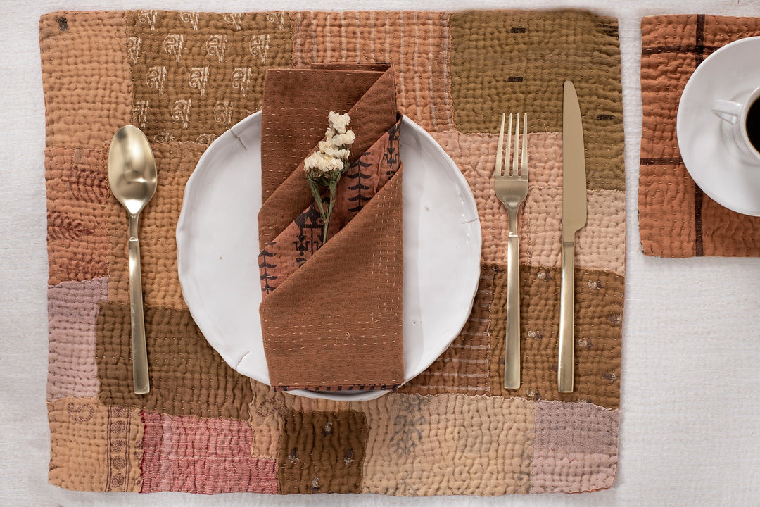 Mosaic Fray Handmade Vintage Kantha Placemat -Mushroom (SET OF 2)