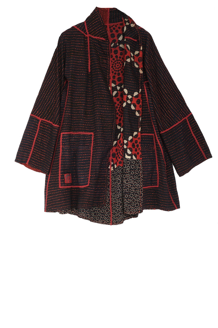 BBK  W VINTAGE BACKING KANTHA FLARE LONG JKT - pk2021-red -