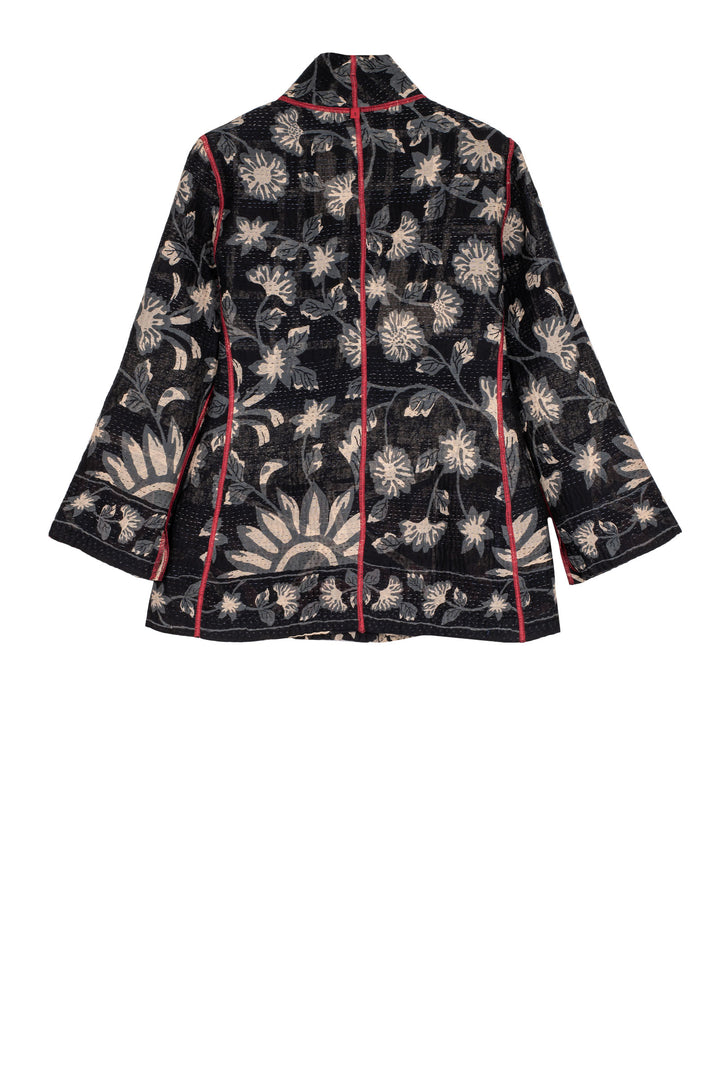 BLACK AND WHITE PRINT PATCH KANTHA SHORT JACKET - pn4007-blk -