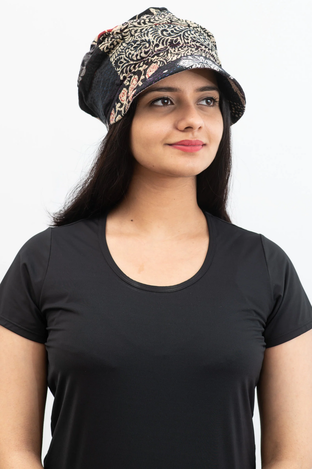 PATCHED PRINT KANTHA HALF BRIM HAT - pp2881-blk -
