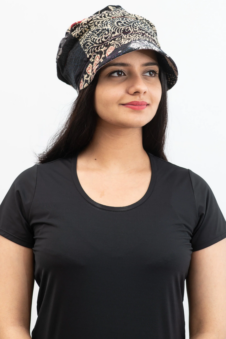 PATCHED PRINT KANTHA HALF BRIM HAT - pp2881-blk -