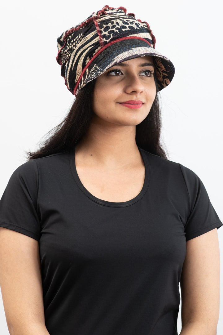 PATCHED PRINT KANTHA HALF BRIM HAT - pp2881-blk -