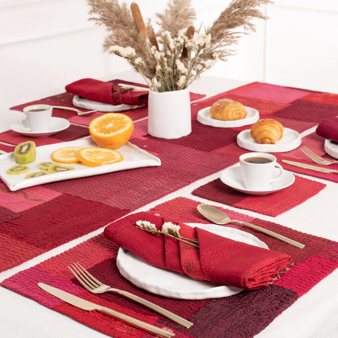 Landscape Fray Handmade Vintage Kantha Placemat -Red (SET OF 2)