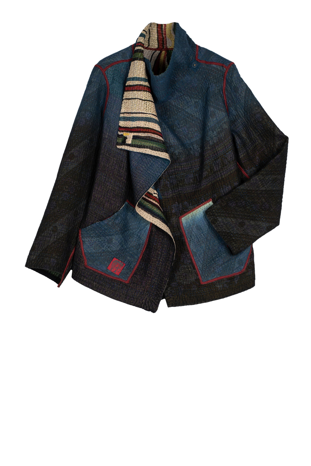 STRIPE AND BENDS KANTHA WING COLLAR JACKET - sb4013-grn -