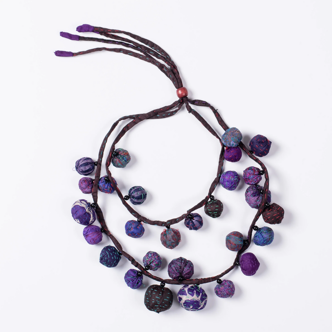 VINTAGE SILK KANTHA TWIGG DOUBLE SHORT NECKLACE - sv2719-prp -
