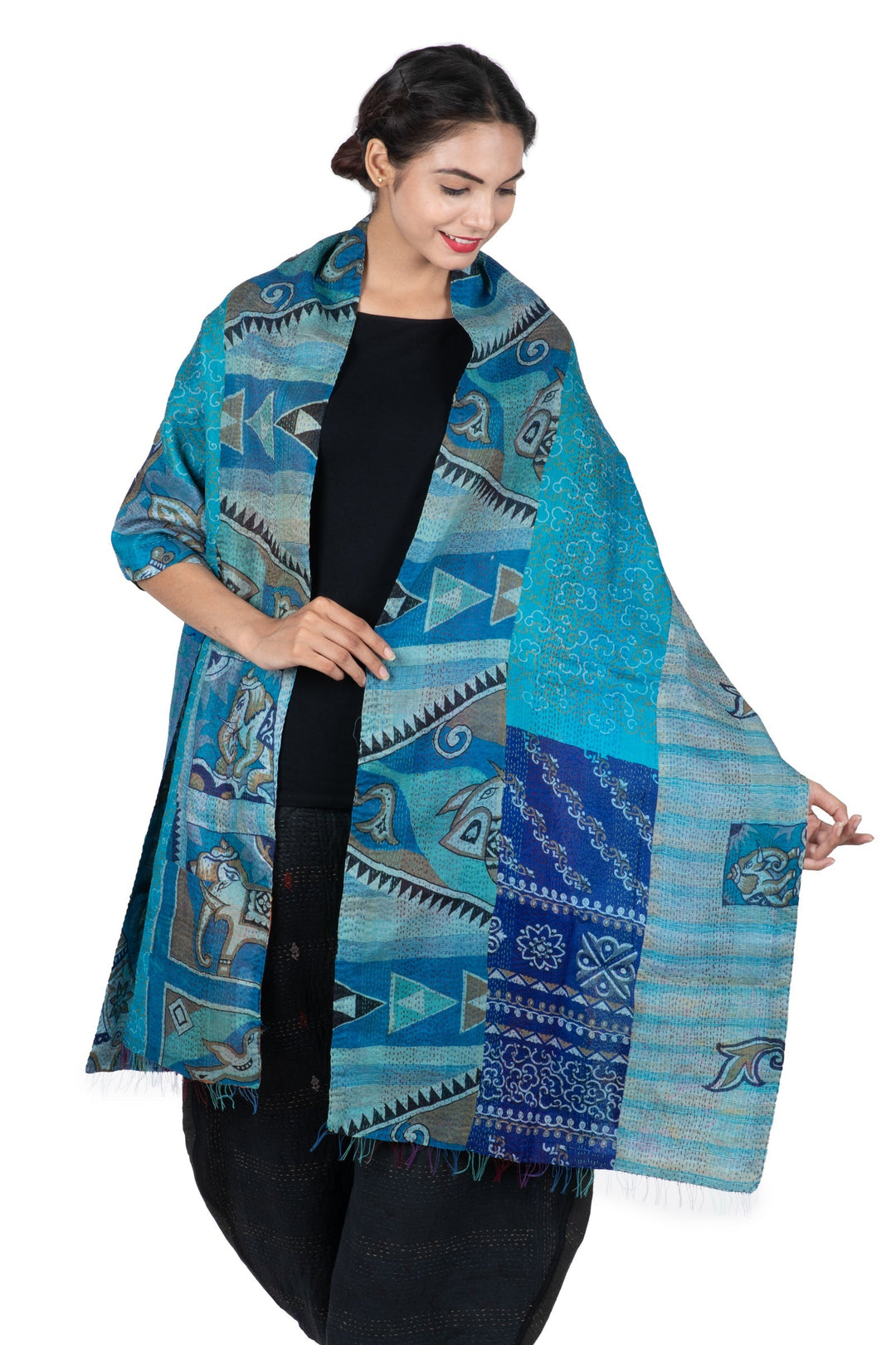 VINTAGE SILK KANTHA SCARF STANDARD - sv2801-blu -