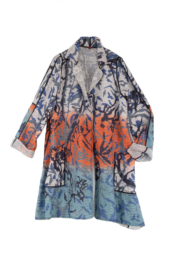 SUMMER BREEZE PRINT KANTHA A-LINE DUSTER - sz2311-blu -