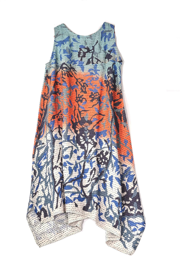 SUMMER BREEZE PRINT KANTHA POINTY HEM DRESS - sz2415-blu -