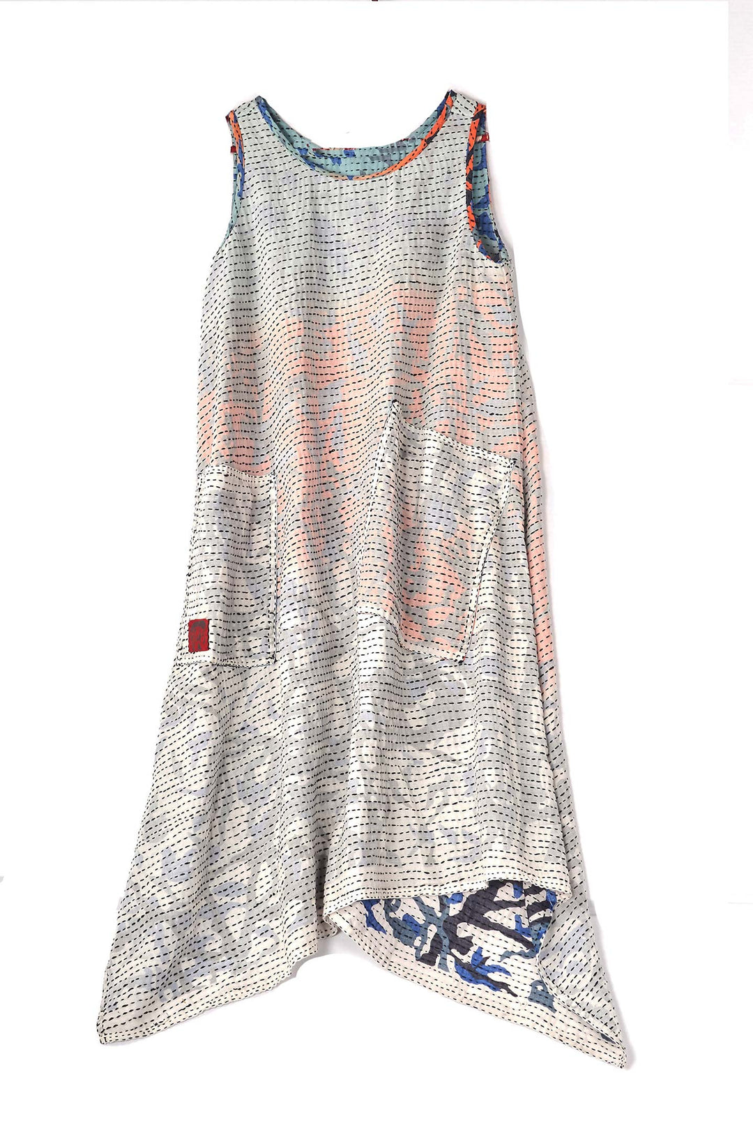 SUMMER BREEZE PRINT KANTHA POINTY HEM DRESS - sz2415-blu -