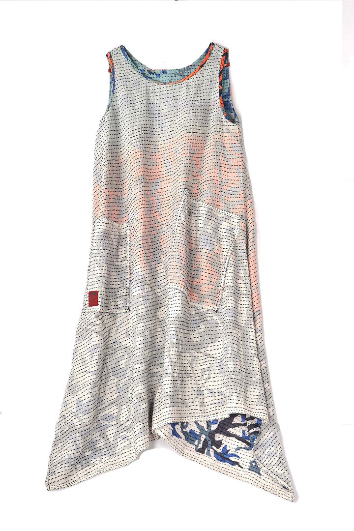 SUMMER BREEZE PRINT KANTHA POINTY HEM DRESS - sz2415-blu -