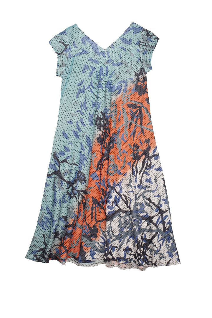 SUMMER BREEZE PRINT KANTHA CAP SLV. FLARE DRESS - sz2425-blu -
