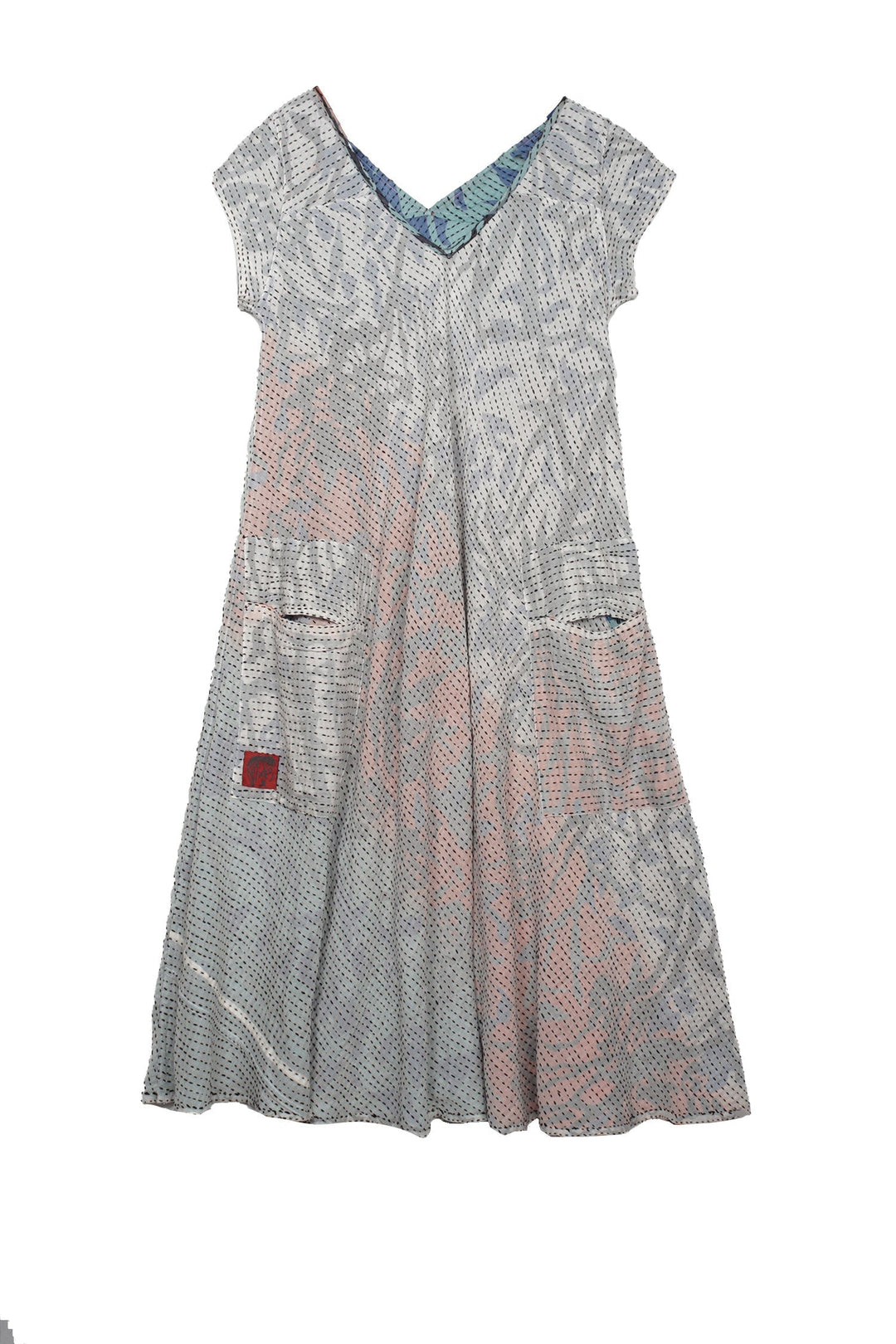 SUMMER BREEZE PRINT KANTHA CAP SLV. FLARE DRESS - sz2425-blu -