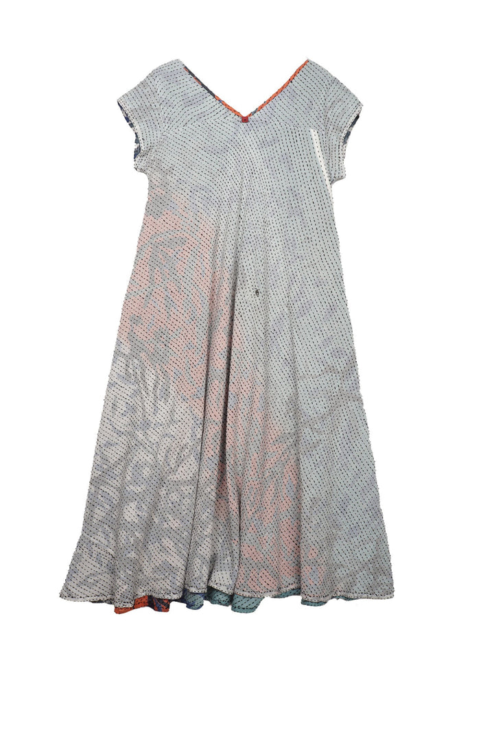 SUMMER BREEZE PRINT KANTHA CAP SLV. FLARE DRESS - sz2425-blu -