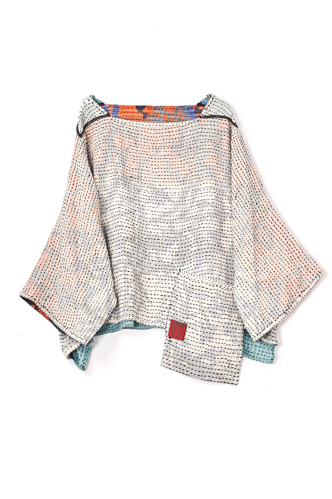 SUMMER BREEZE PRINT KANTHA 3/4 SLV. CROP TOP - sz2528-blu -