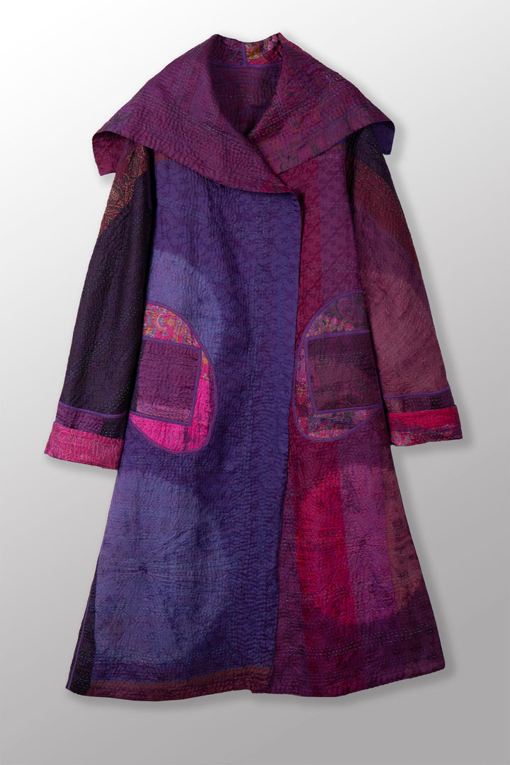 TIE DYE CIRCLE SHIBORI KANTHA A-LINE LONG COAT - td4302-prp -