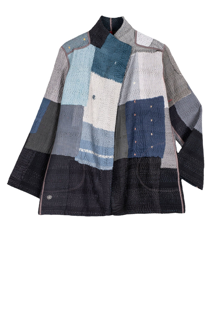 TWO TONE PATCH KANTHA SHORT JACKET - tn4007-blk -