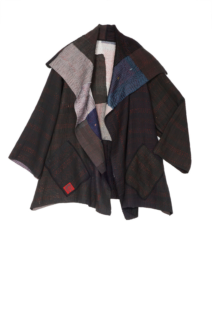 TWO TONE PATCH KANTHA FLARE JACKET - tn4010-blk -