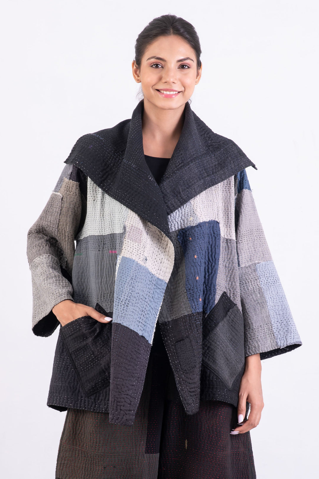 TWO TONE PATCH KANTHA FLARE JACKET - tn4010-blk -