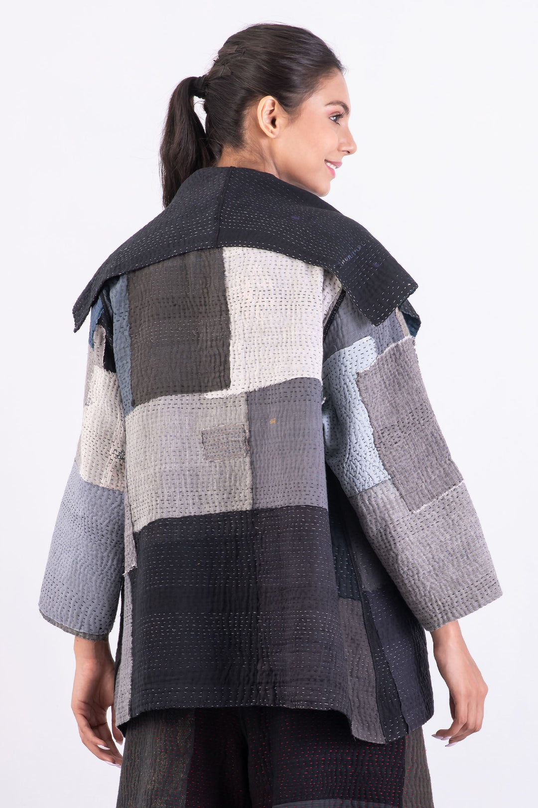 TWO TONE PATCH KANTHA FLARE JACKET - tn4010-blk -