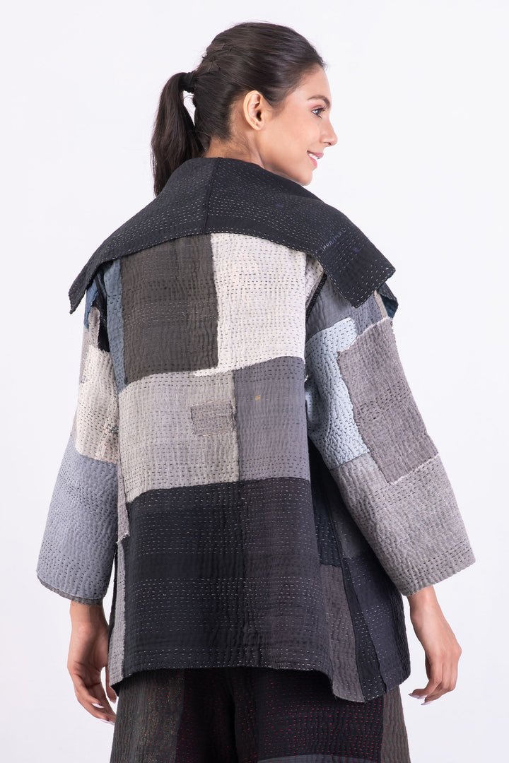 TWO TONE PATCH KANTHA FLARE JACKET - tn4010-blk -