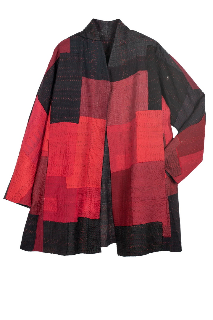 TWO TONE PATCH KANTHA HIGH-NECK TOPPER - tn4045-red -