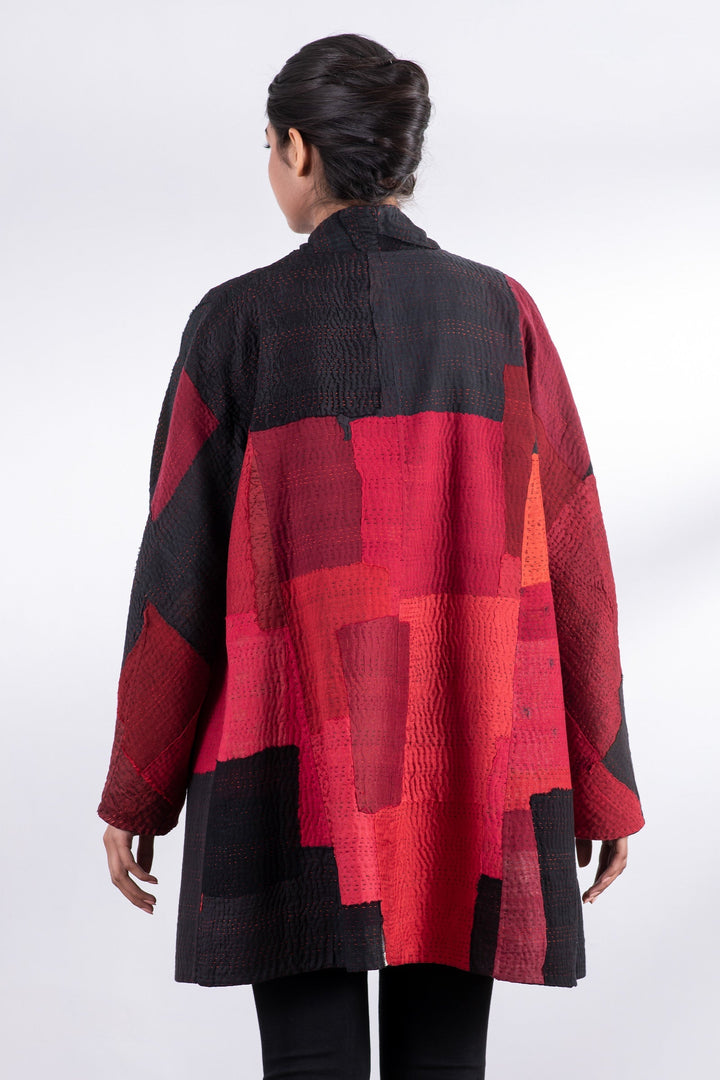 TWO TONE PATCH KANTHA HIGH-NECK TOPPER - tn4045-red -