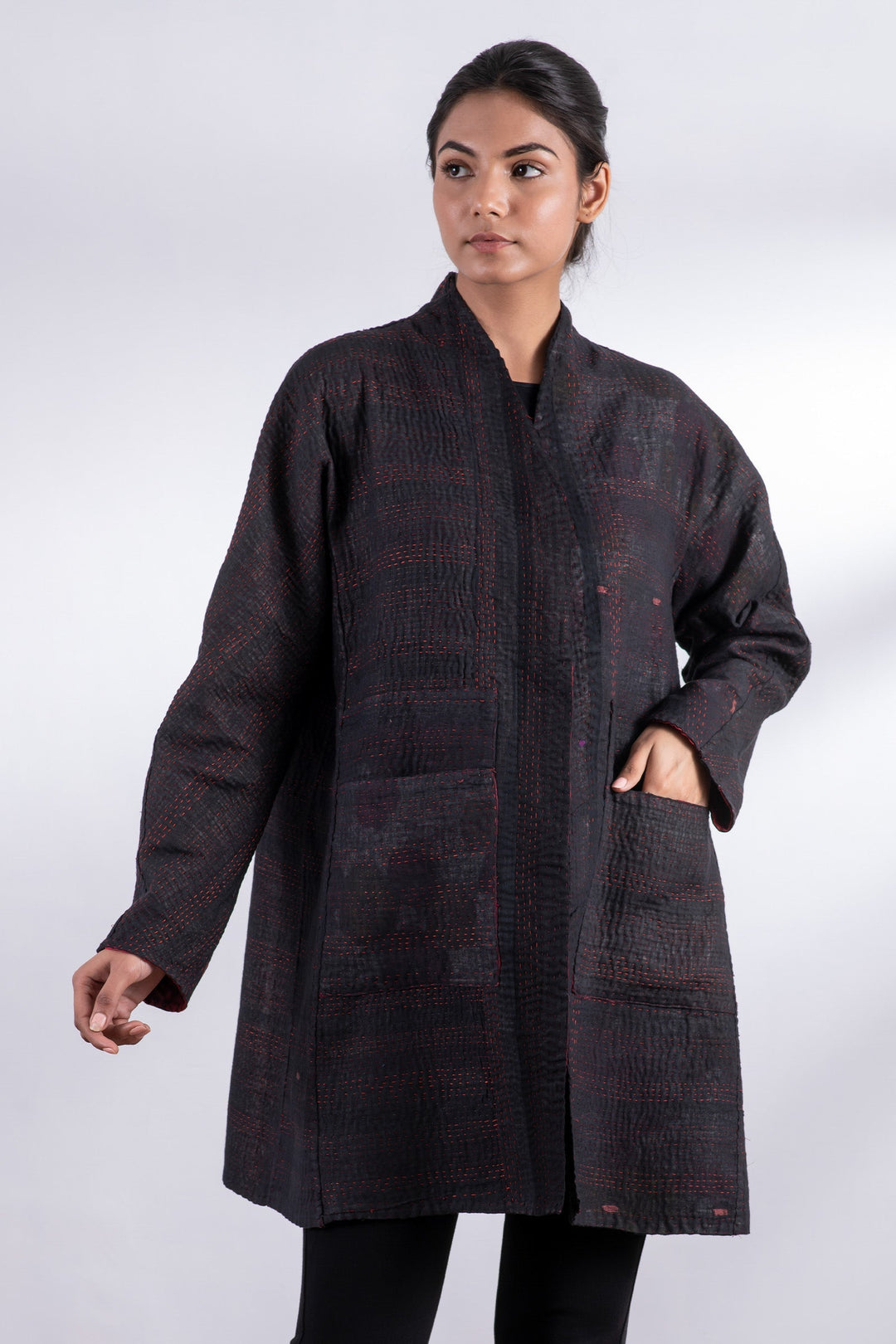 TWO TONE PATCH KANTHA HIGH-NECK TOPPER - tn4045-red -