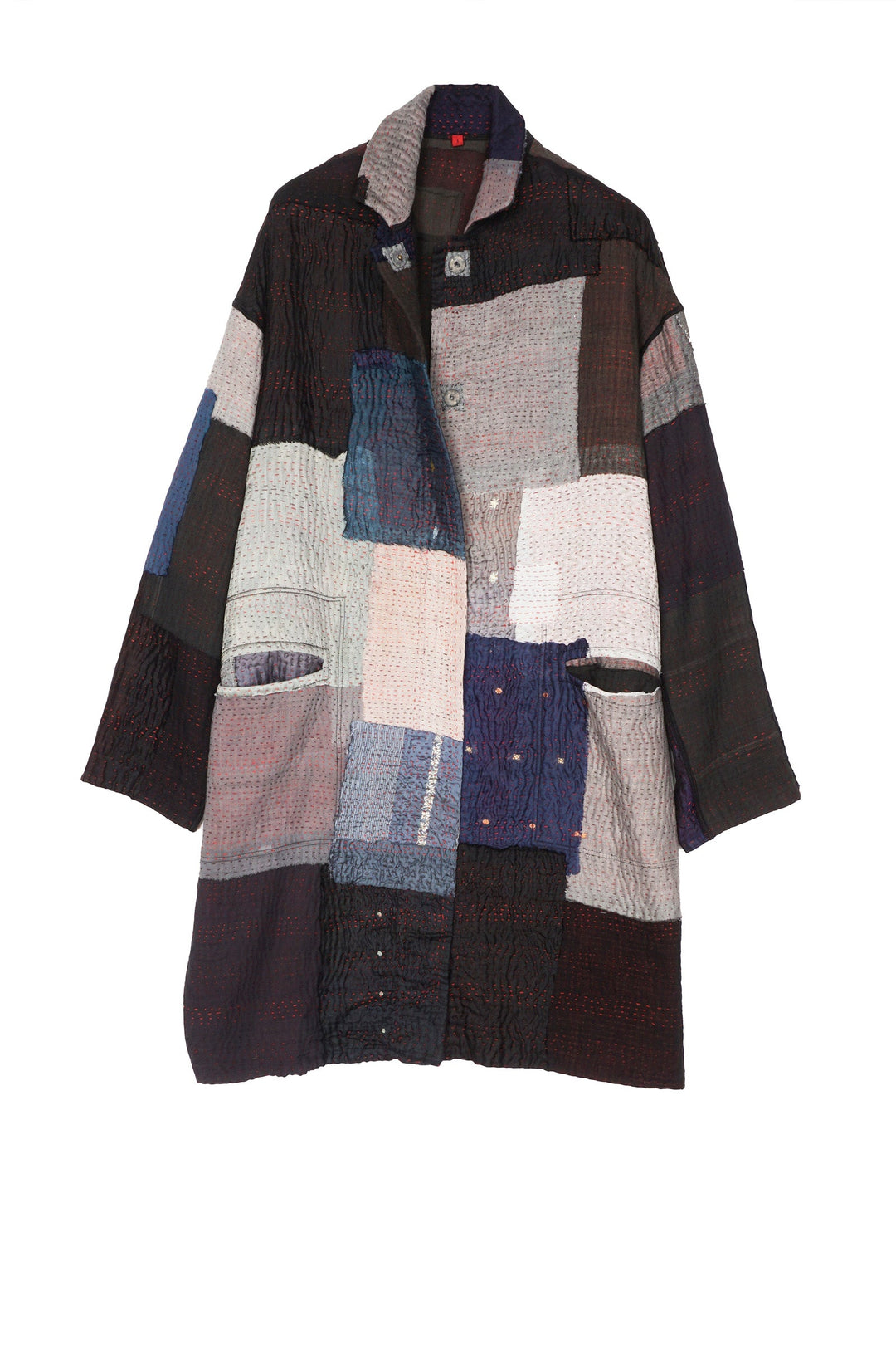 TWO TONE PATCH KANTHA LONG LINE JACKET - tn4059-blk -