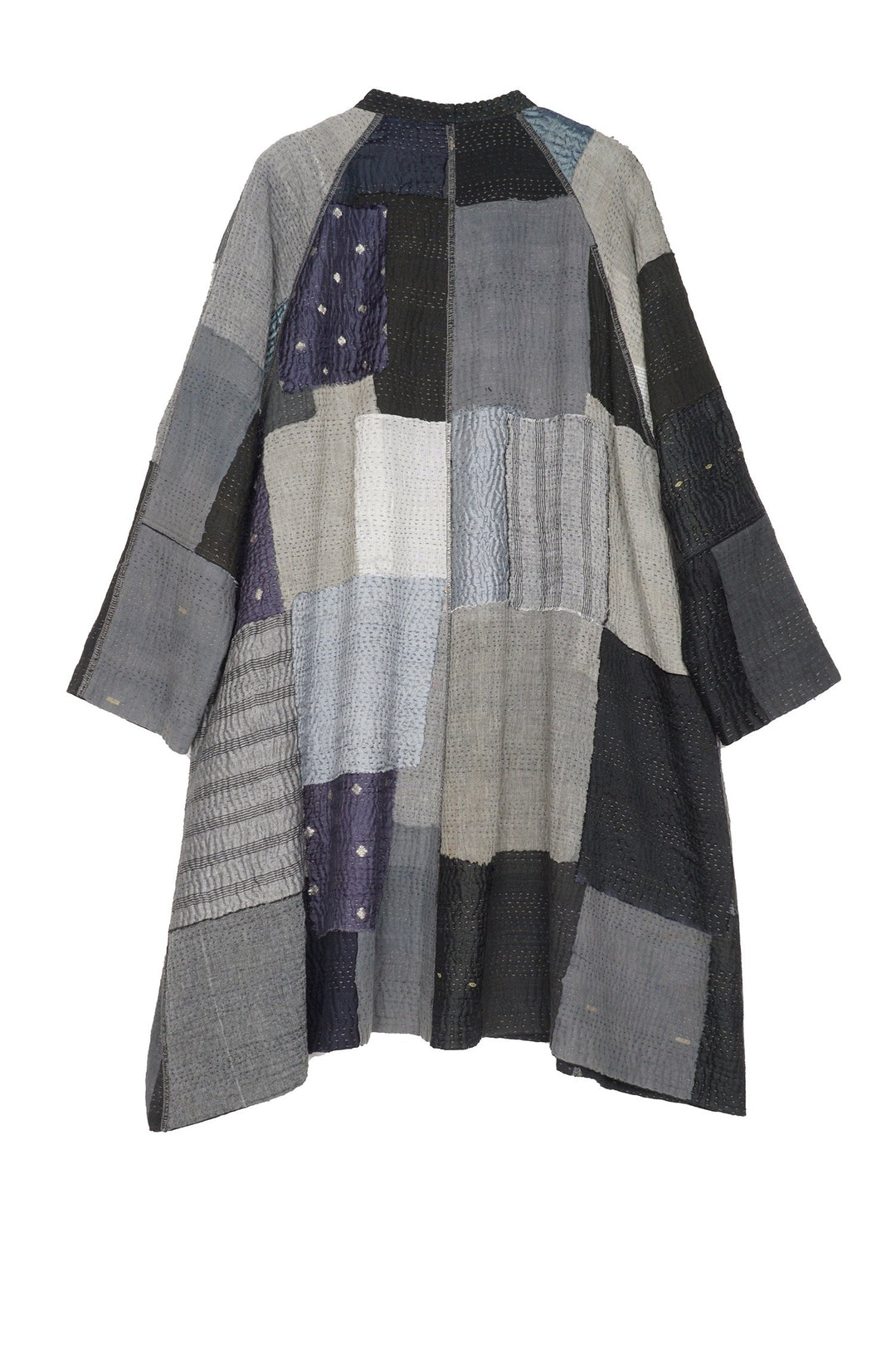 TWO TONE PATCH KANTHA BAND COLLAR DUSTER - tn4327-blk -