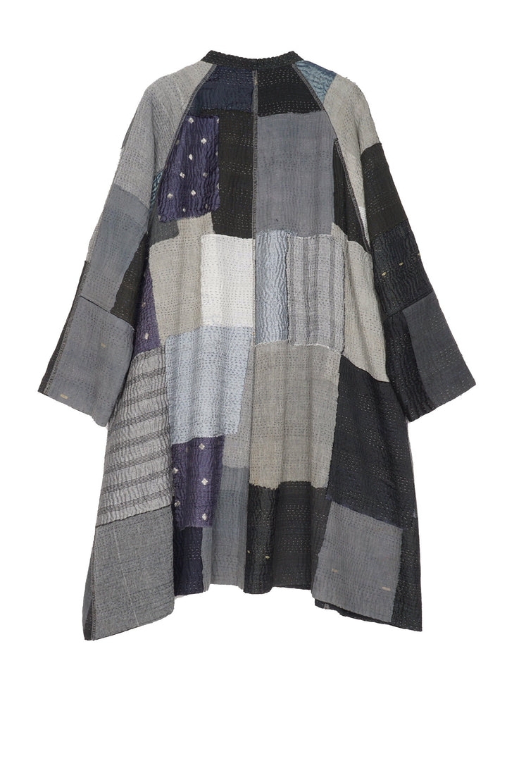 TWO TONE PATCH KANTHA BAND COLLAR DUSTER - tn4327-blk -