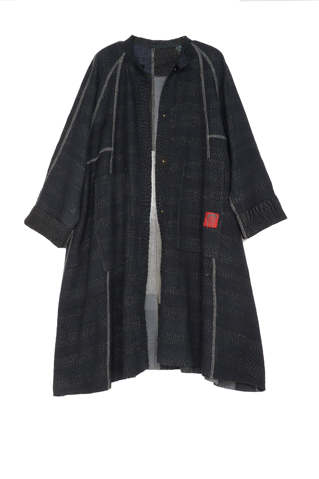 TWO TONE PATCH KANTHA BAND COLLAR DUSTER - tn4327-blk -