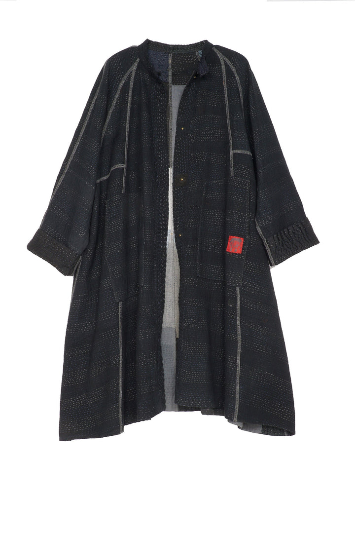 TWO TONE PATCH KANTHA BAND COLLAR DUSTER - tn4327-blk -