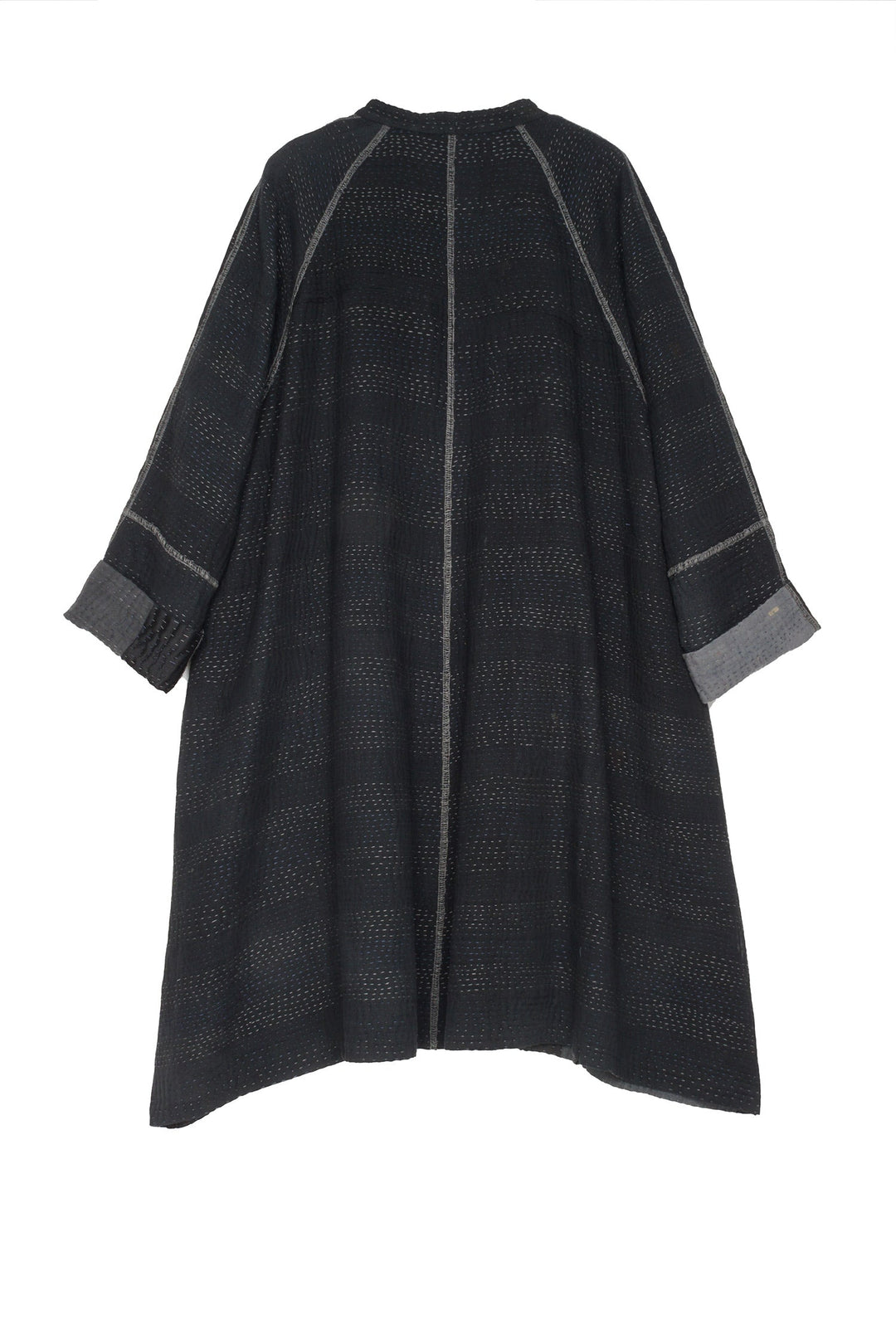 TWO TONE PATCH KANTHA BAND COLLAR DUSTER - tn4327-blk -