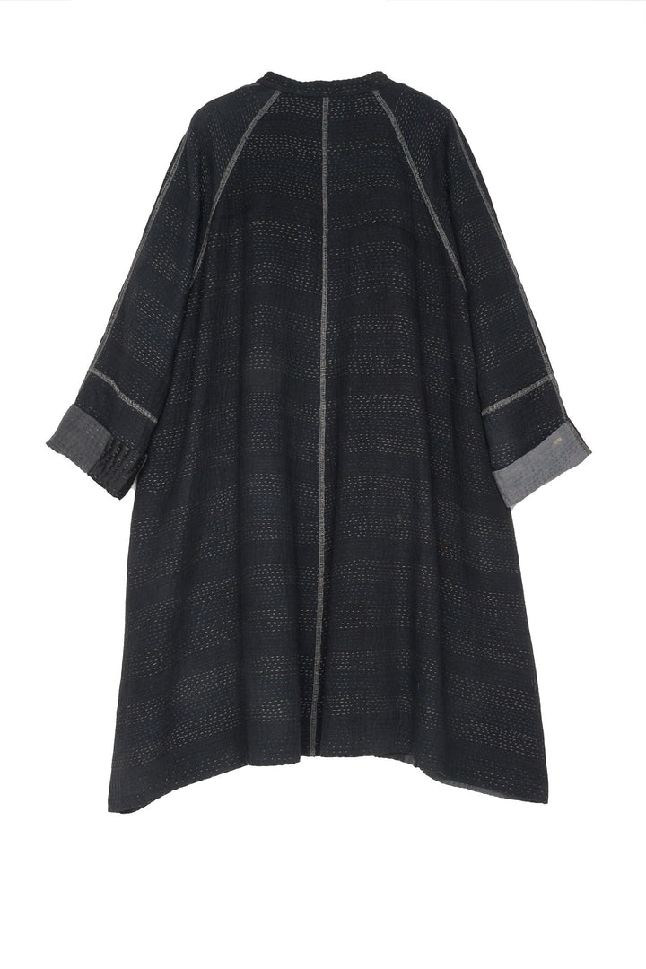 TWO TONE PATCH KANTHA BAND COLLAR DUSTER - tn4327-blk -