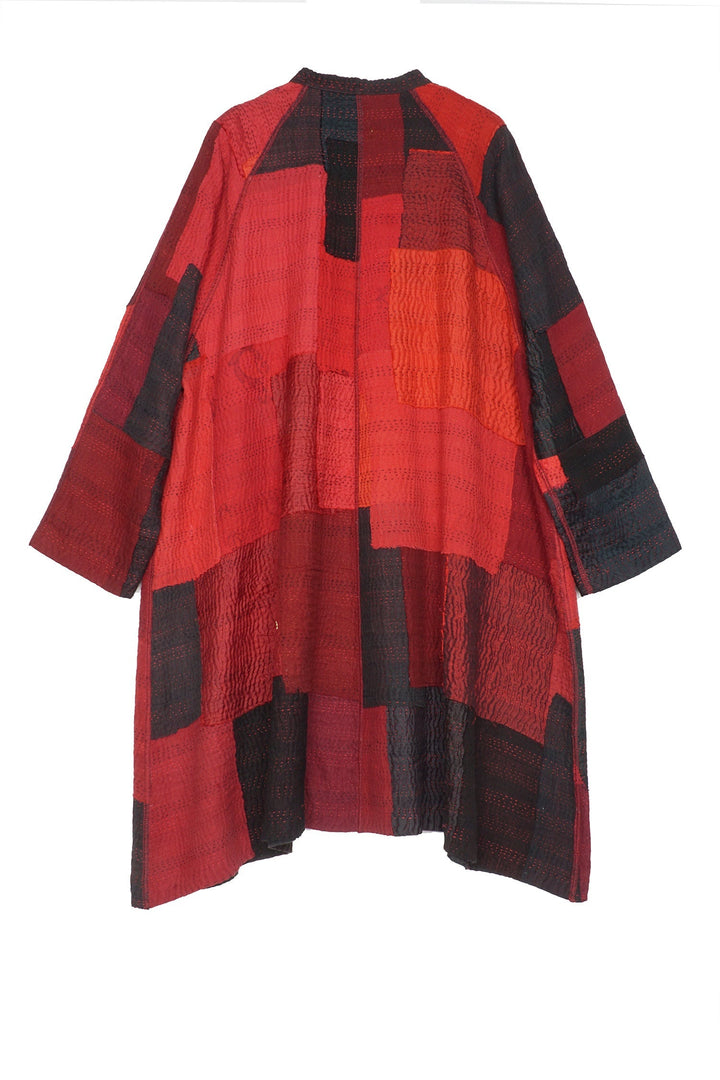 TWO TONE PATCH KANTHA BAND COLLAR DUSTER - tn4327-red -