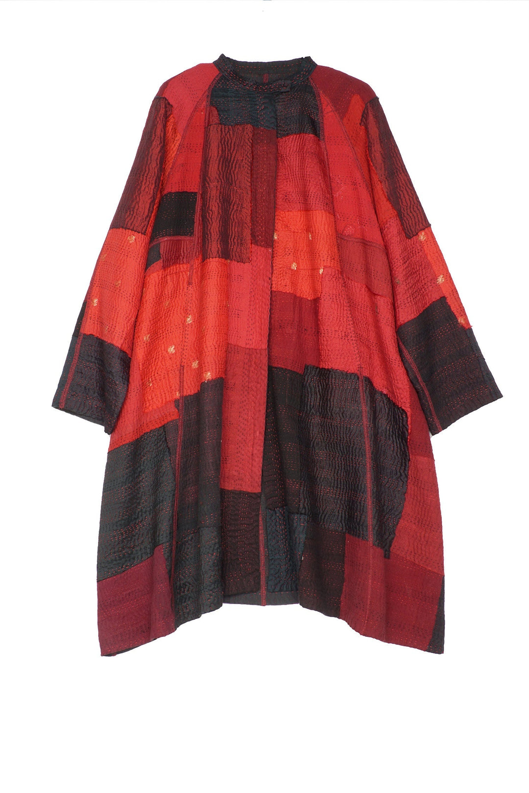TWO TONE PATCH KANTHA BAND COLLAR DUSTER - tn4327-red -