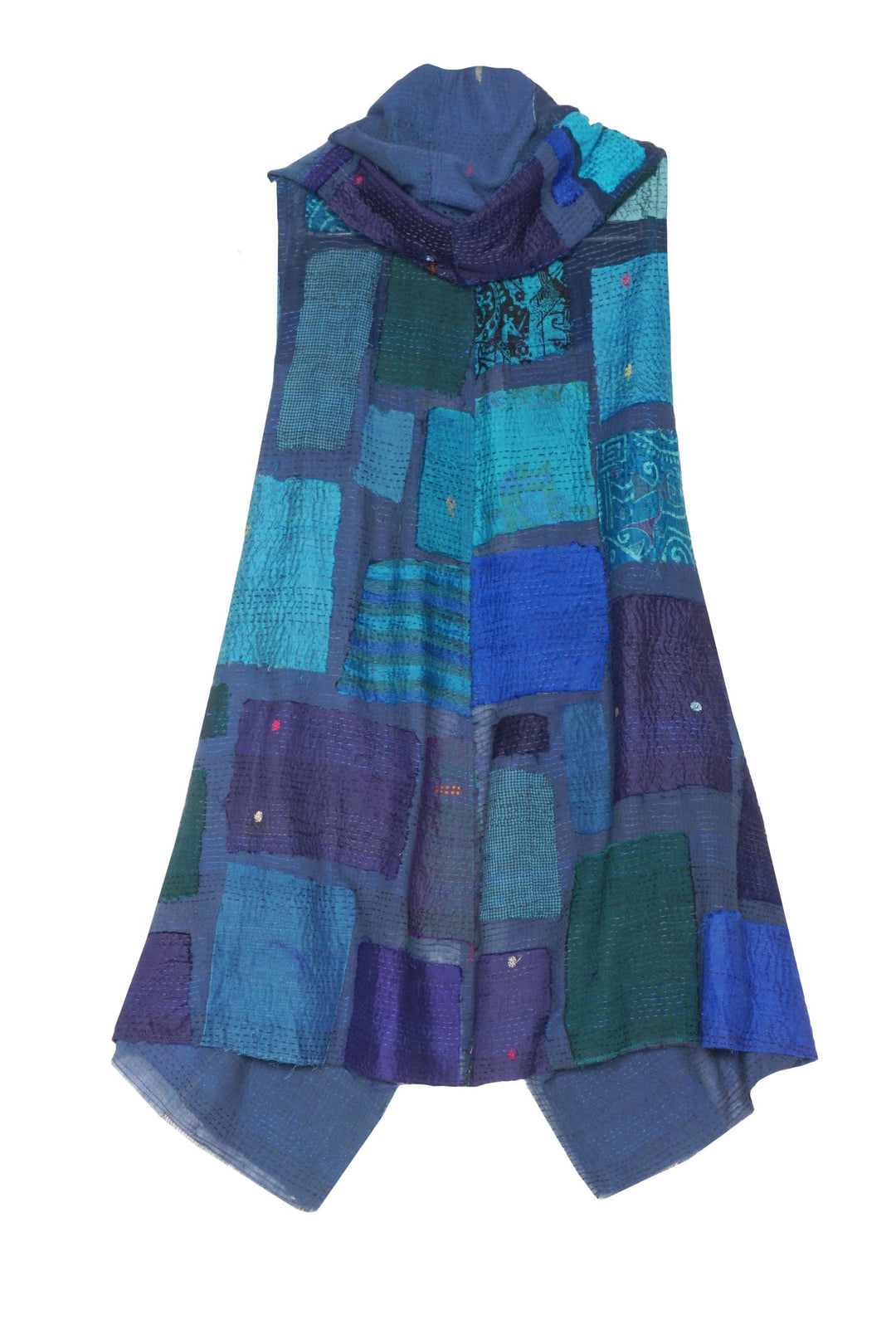 TONAL TILE PATCH KANTHA HOODED VEST - tt2220-blu -
